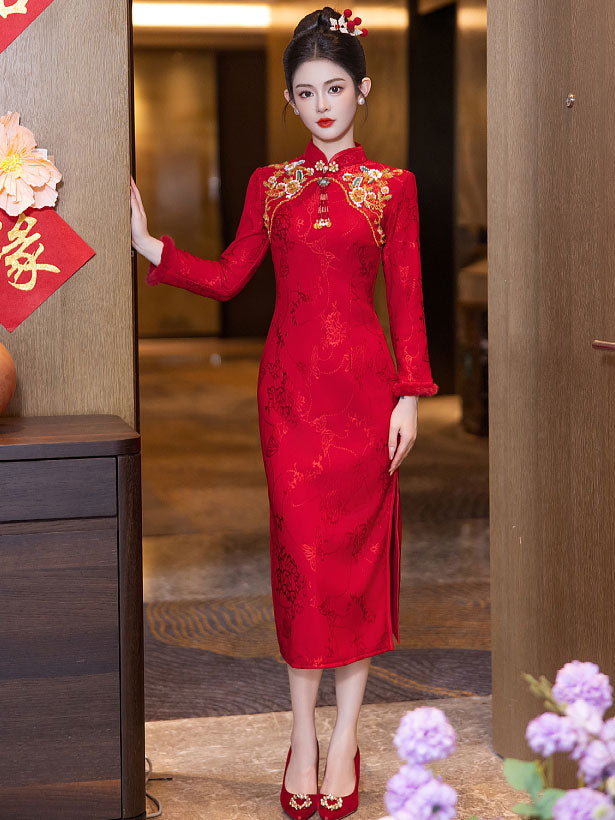 Red Fleece Long Sleeve Winter Wedding Bridal Cheongsam Qipao Dress