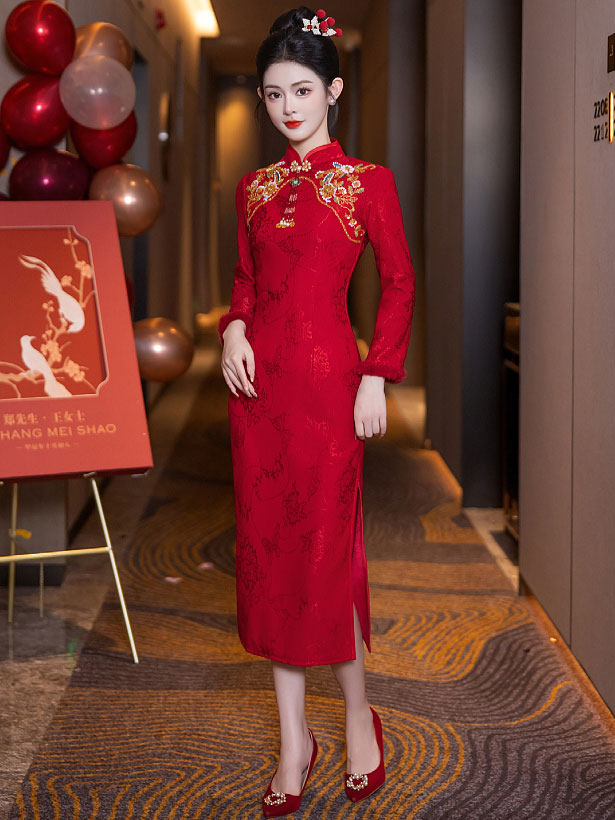 Red Fleece Long Sleeve Winter Wedding Bridal Cheongsam Qipao Dress