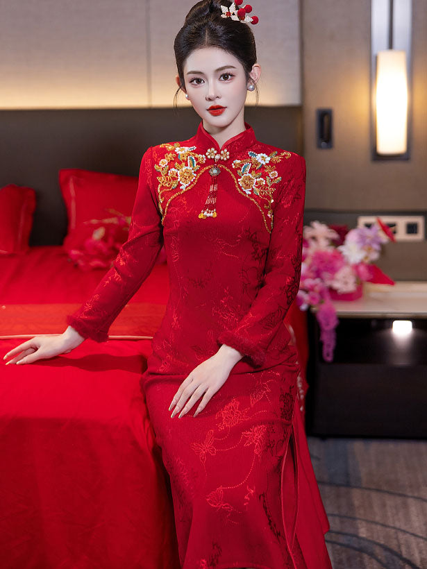 Red Fleece Long Sleeve Winter Wedding Bridal Cheongsam Qipao Dress