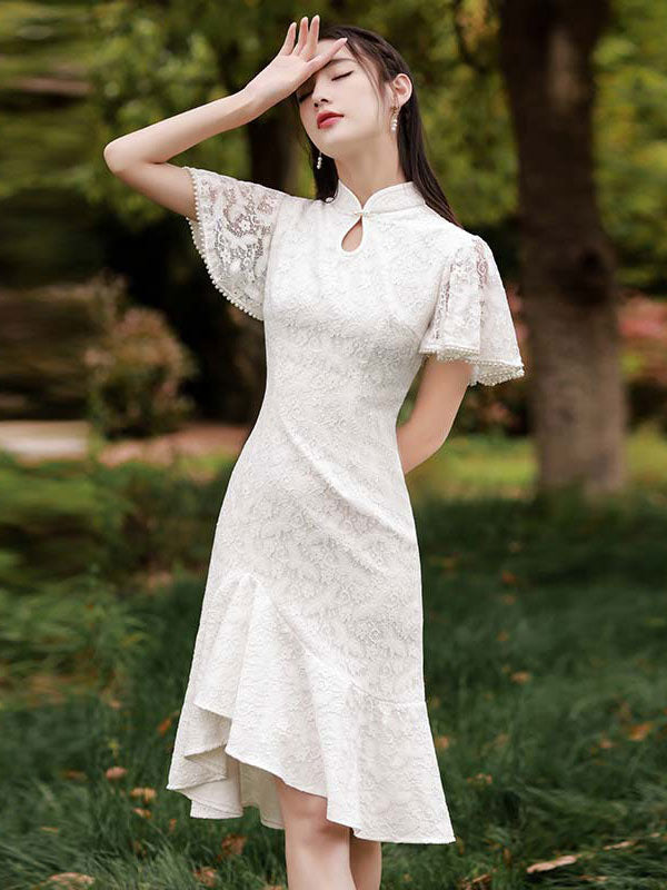 White Red Lace Flutter Sleeve Frill Hem Qipao Cheongsam Dress