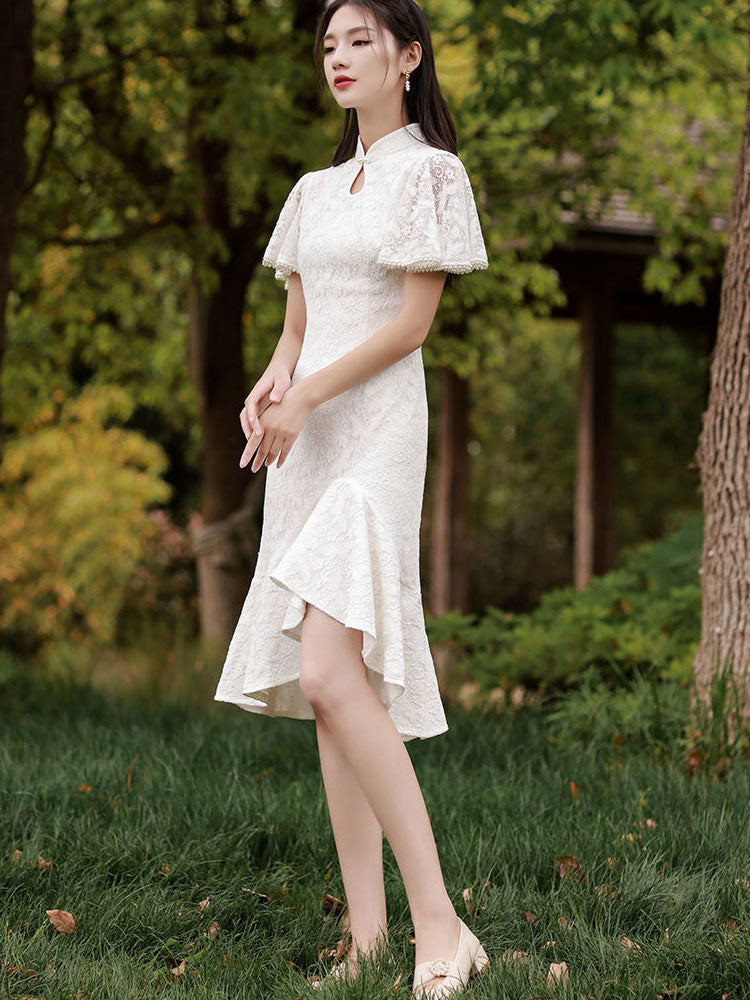 White Red Lace Flutter Sleeve Frill Hem Qipao Cheongsam Dress