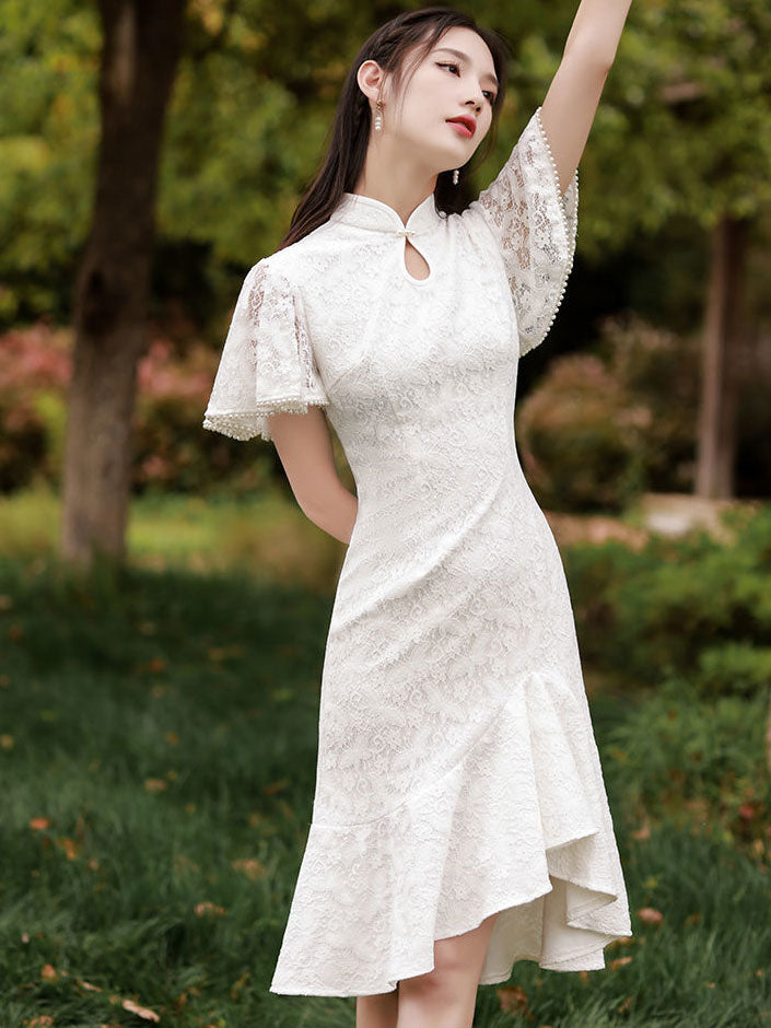 White Red Lace Flutter Sleeve Frill Hem Qipao Cheongsam Dress