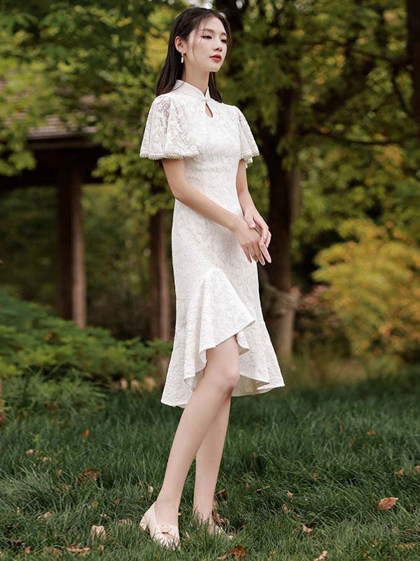White Red Lace Flutter Sleeve Frill Hem Qipao Cheongsam Dress