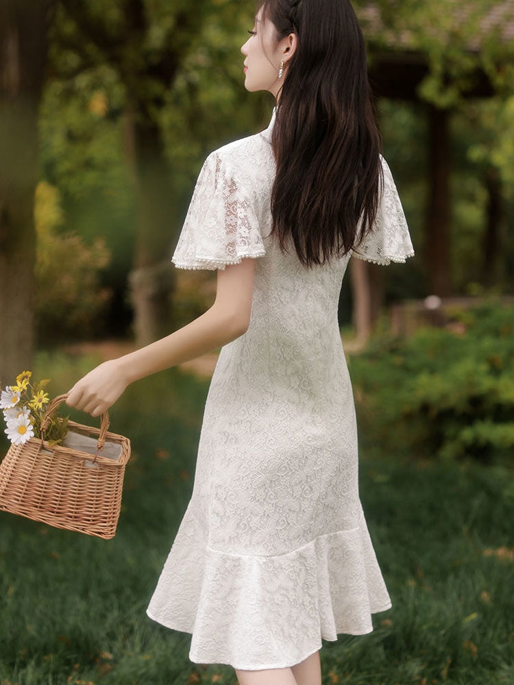 White Red Lace Flutter Sleeve Frill Hem Qipao Cheongsam Dress