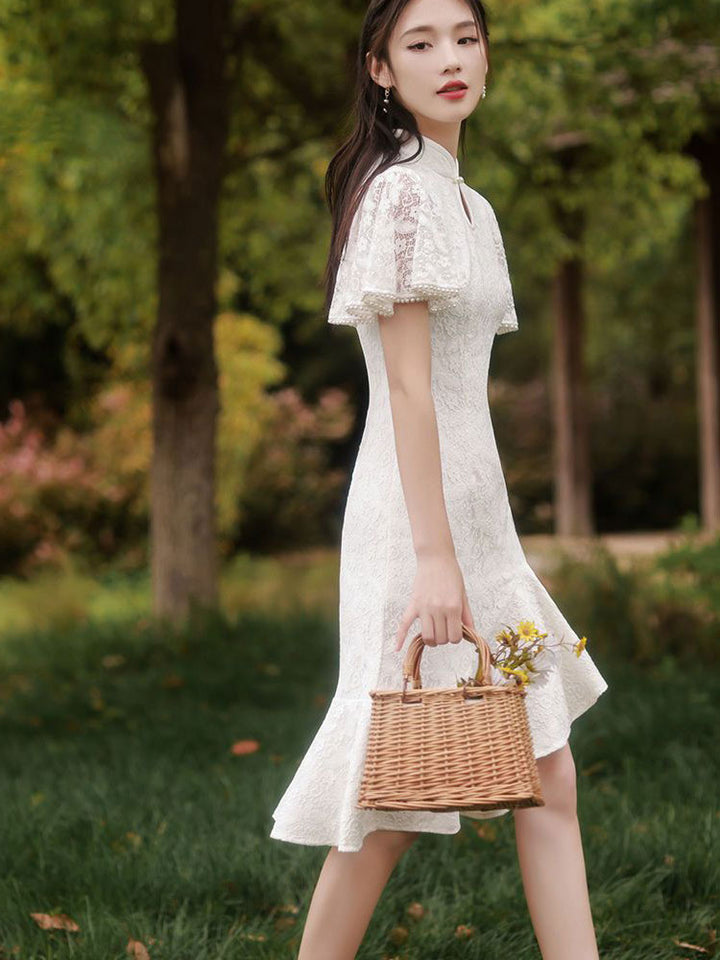 White Red Lace Flutter Sleeve Frill Hem Qipao Cheongsam Dress