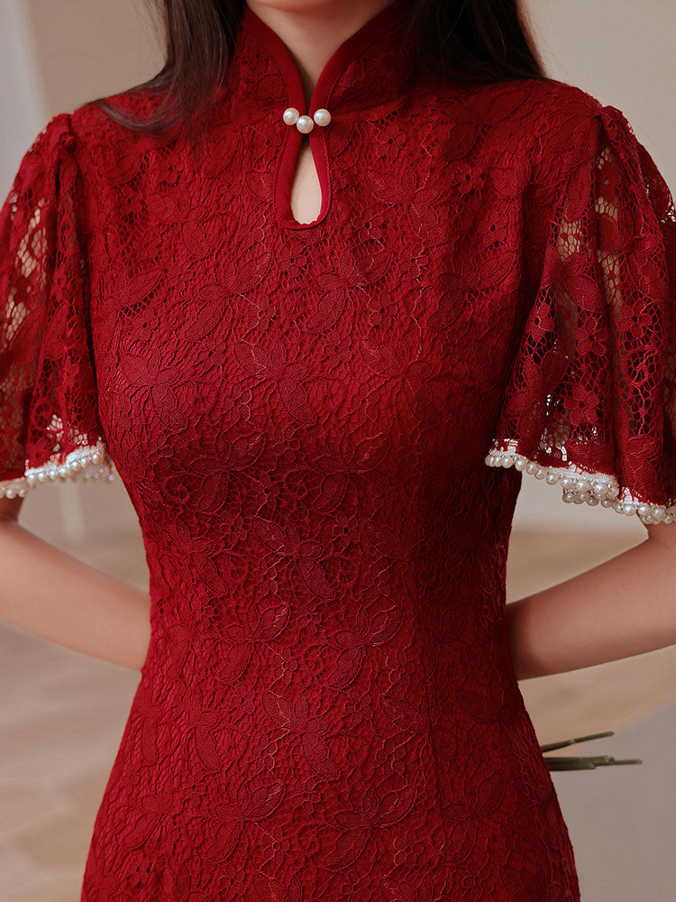 White Red Lace Flutter Sleeve Frill Hem Qipao Cheongsam Dress