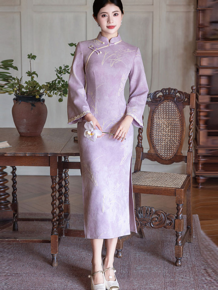Purple Floral Suede Long Sleeve Winter Cheongsam Qipao Dress
