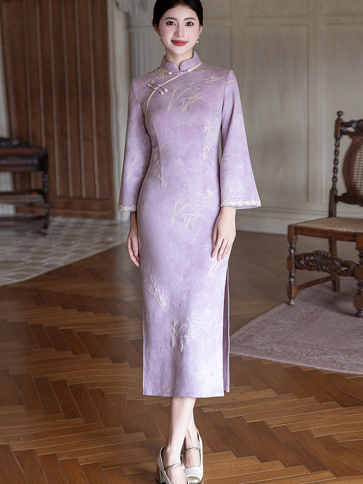 Purple Floral Suede Long Sleeve Winter Cheongsam Qipao Dress S
