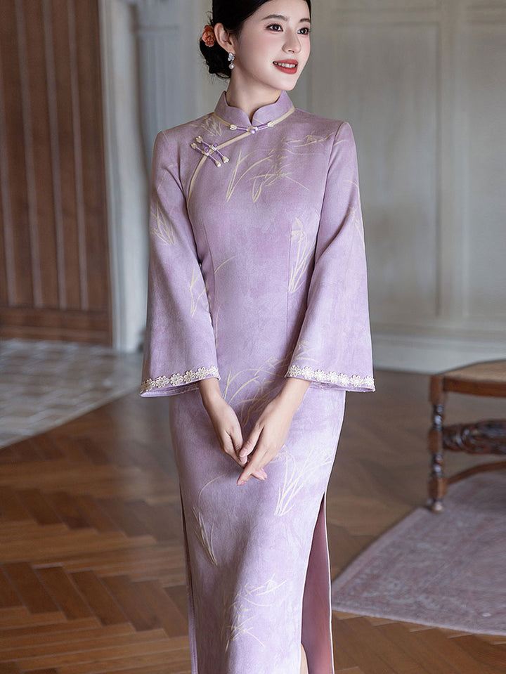 Purple Floral Suede Long Sleeve Winter Cheongsam Qipao Dress