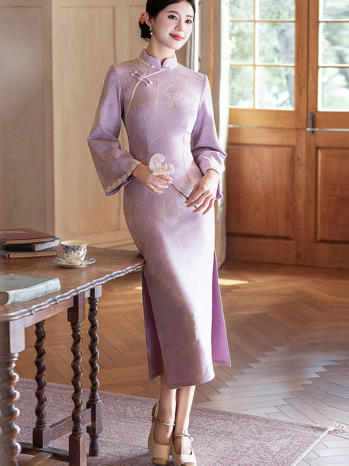Purple Floral Suede Long Sleeve Winter Cheongsam Qipao Dress