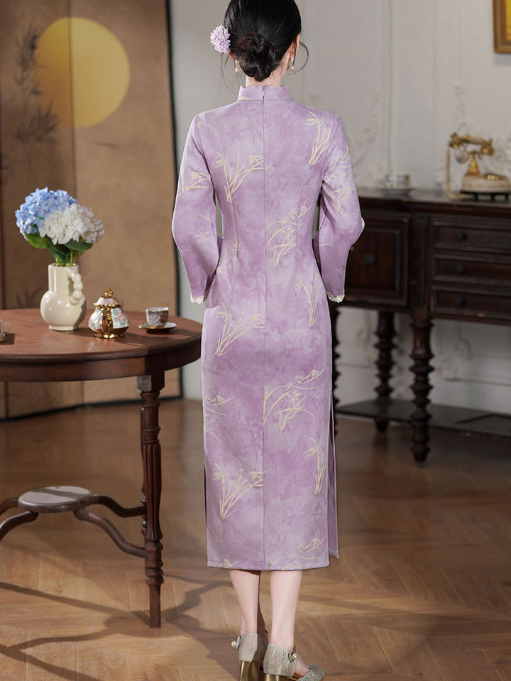 Purple Floral Suede Long Sleeve Winter Cheongsam Qipao Dress
