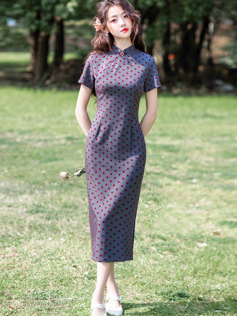 Gray Flocked Dots Midi Cheongsam Qipao Dress