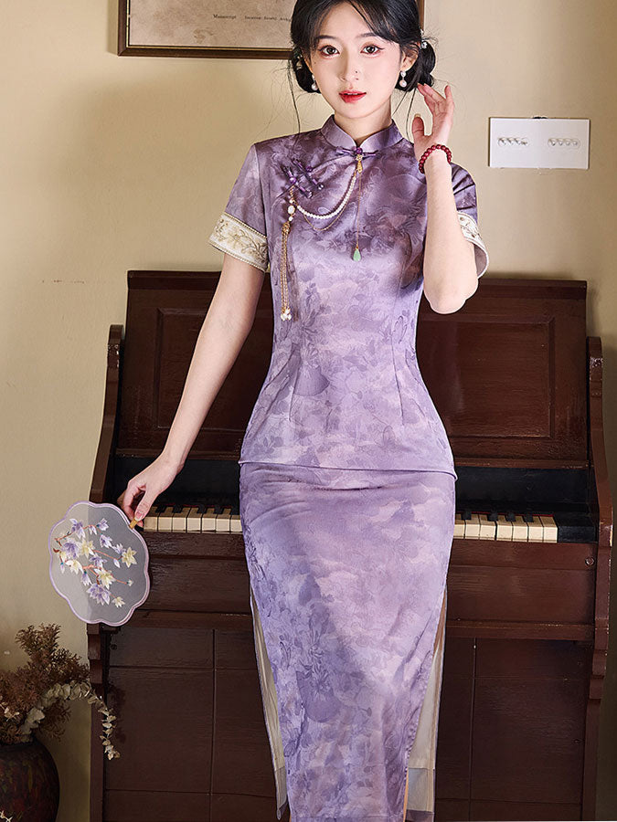 Purple Jacquard Floral Cheongsam Qipao Dress