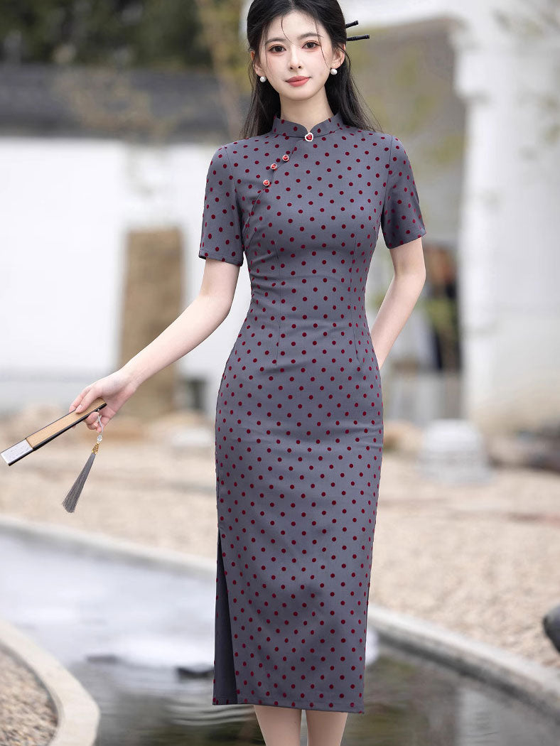 Gray Flocked Dots Midi Cheongsam Qipao Dress