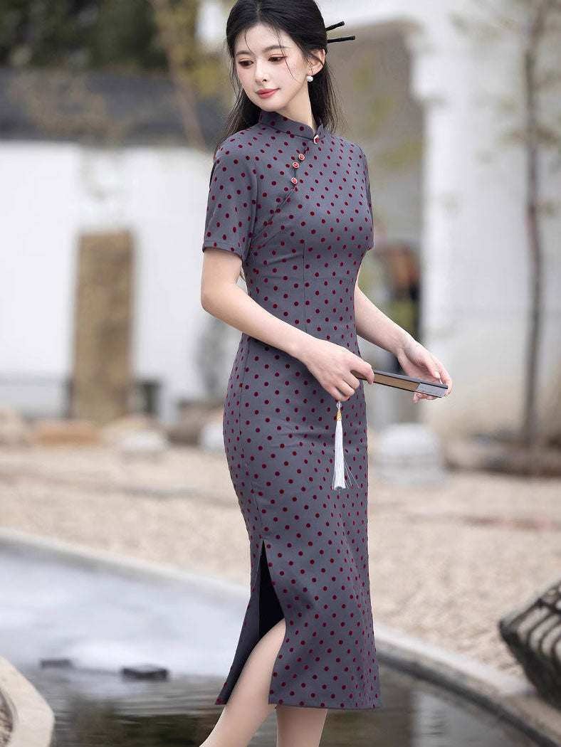 Gray Flocked Dots Midi Cheongsam Qipao Dress