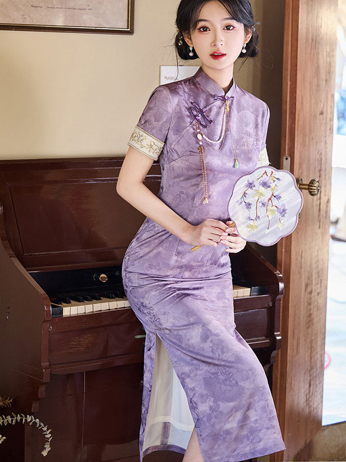 Purple Jacquard Floral Cheongsam Qipao Dress
