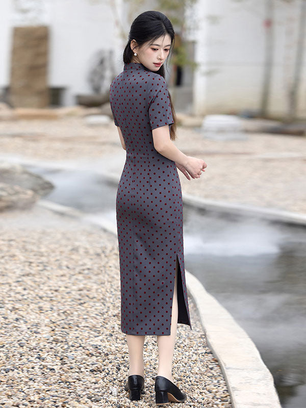 Gray Flocked Dots Midi Cheongsam Qipao Dress