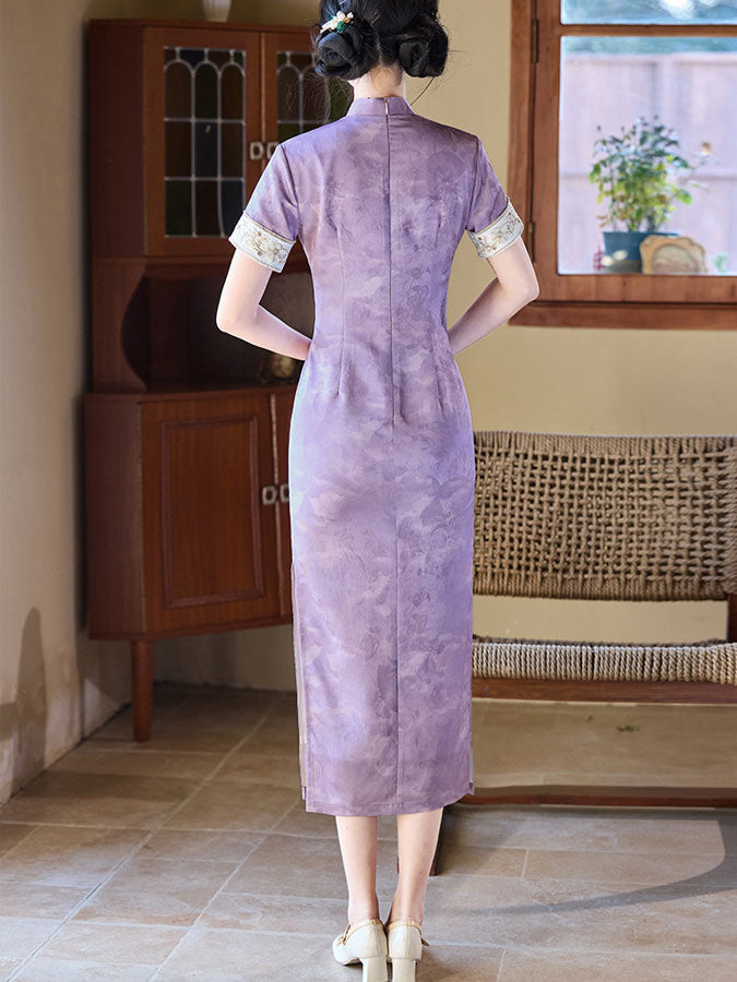 Purple Jacquard Floral Cheongsam Qipao Dress