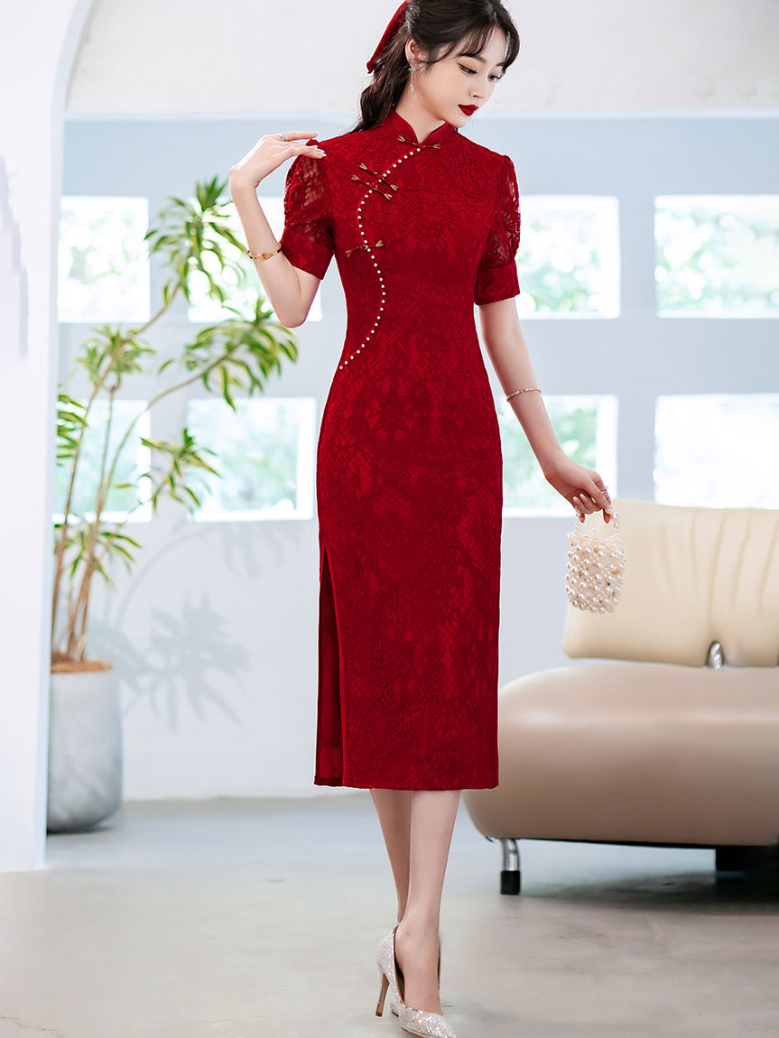 Burgundy Lace Midi Wedding Cheongsam Qipao Dress