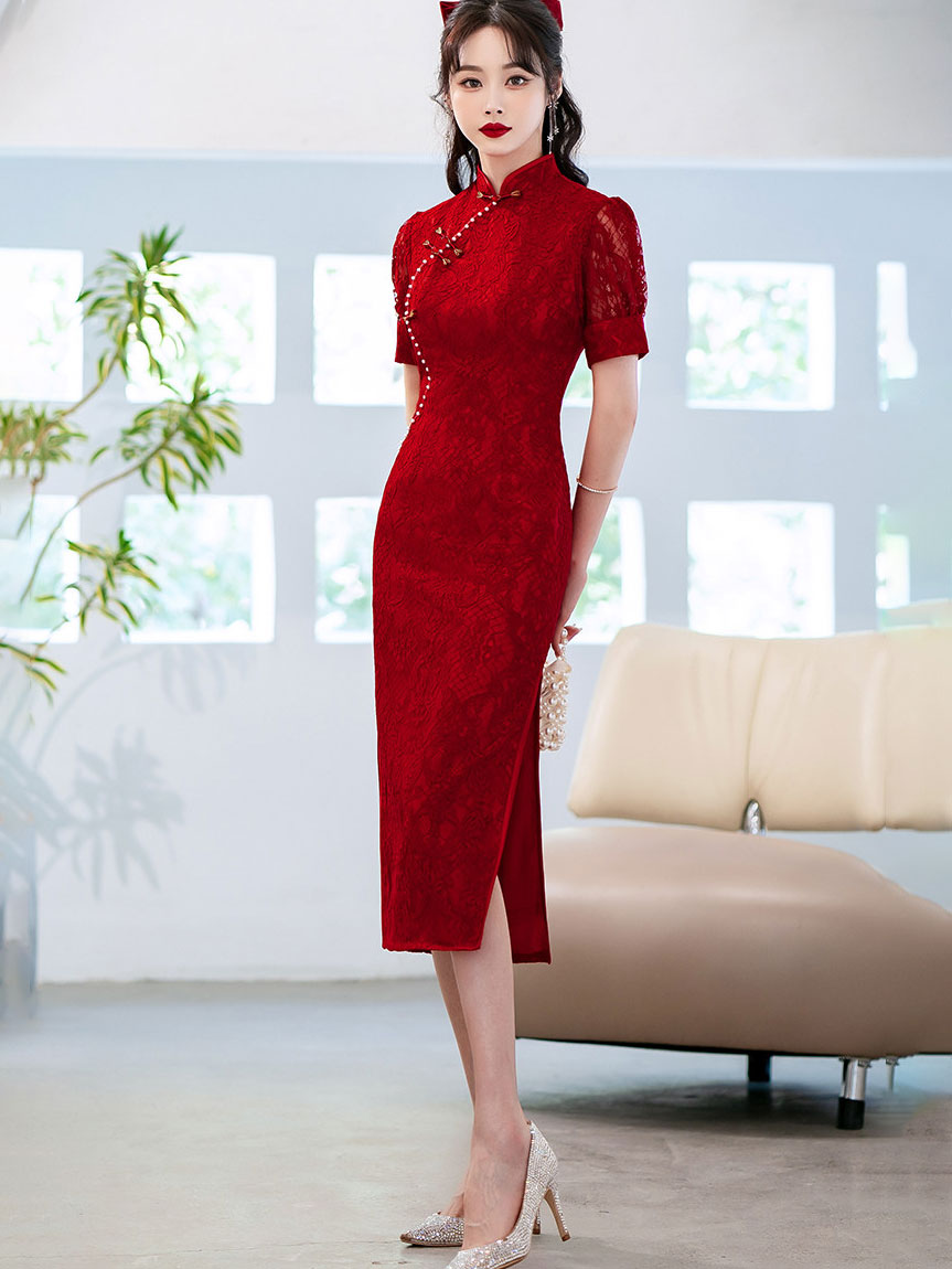 Burgundy Lace Midi Wedding Cheongsam Qipao Dress