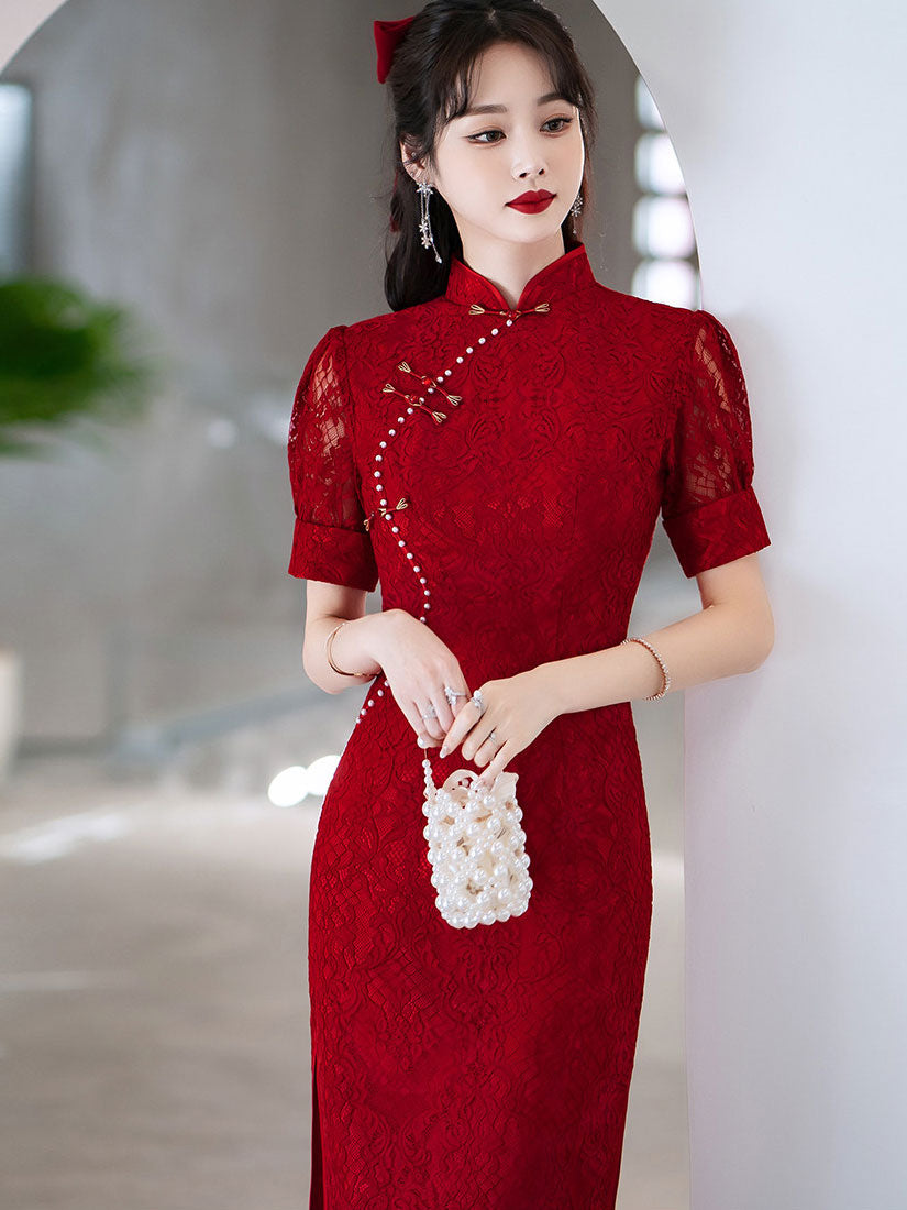 Burgundy Lace Midi Wedding Cheongsam Qipao Dress