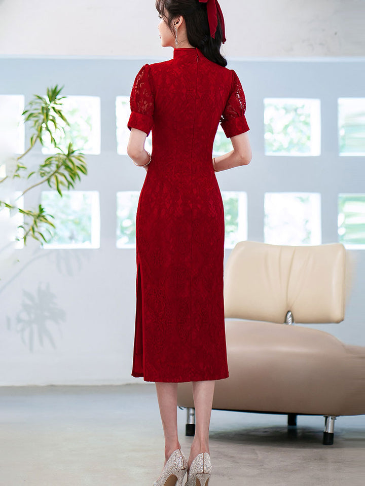 Burgundy Lace Midi Wedding Cheongsam Qipao Dress
