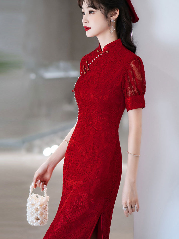 Burgundy Lace Midi Wedding Cheongsam Qipao Dress