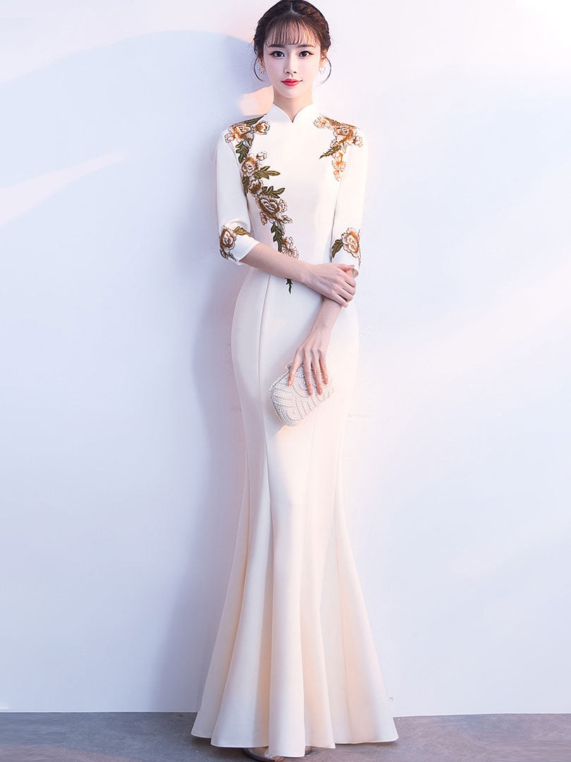 Mermaid Fishtail Appliques Maxi Qipao Cheongsam Prom Dress