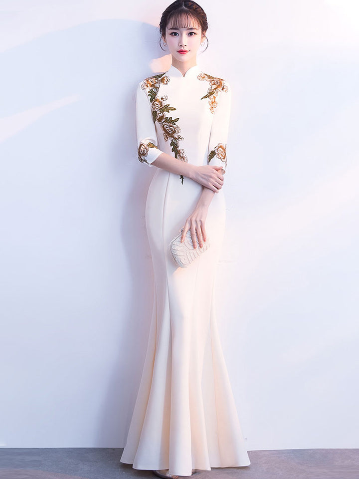 Mermaid Fishtail Appliques Maxi Qipao Cheongsam Prom Dress