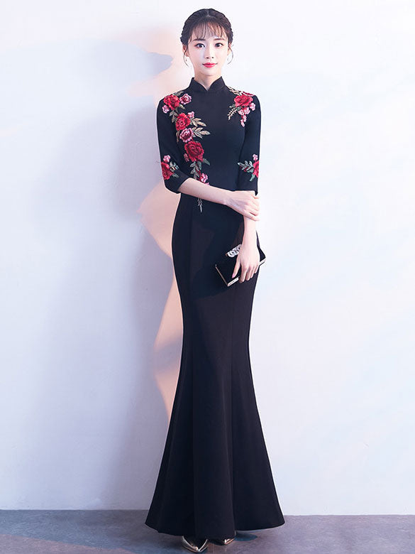 Mermaid Fishtail Appliques Maxi Qipao Cheongsam Prom Dress