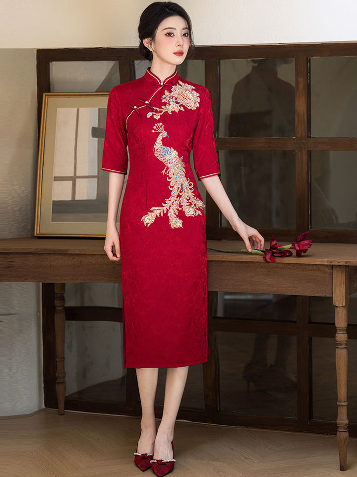 Red Sequins Phoenix Wedding Bridal Midi Cheongsam Qipao Dress