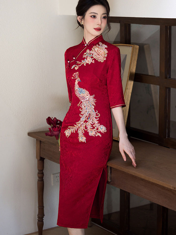 Red Sequins Phoenix Wedding Bridal Midi Cheongsam Qipao Dress