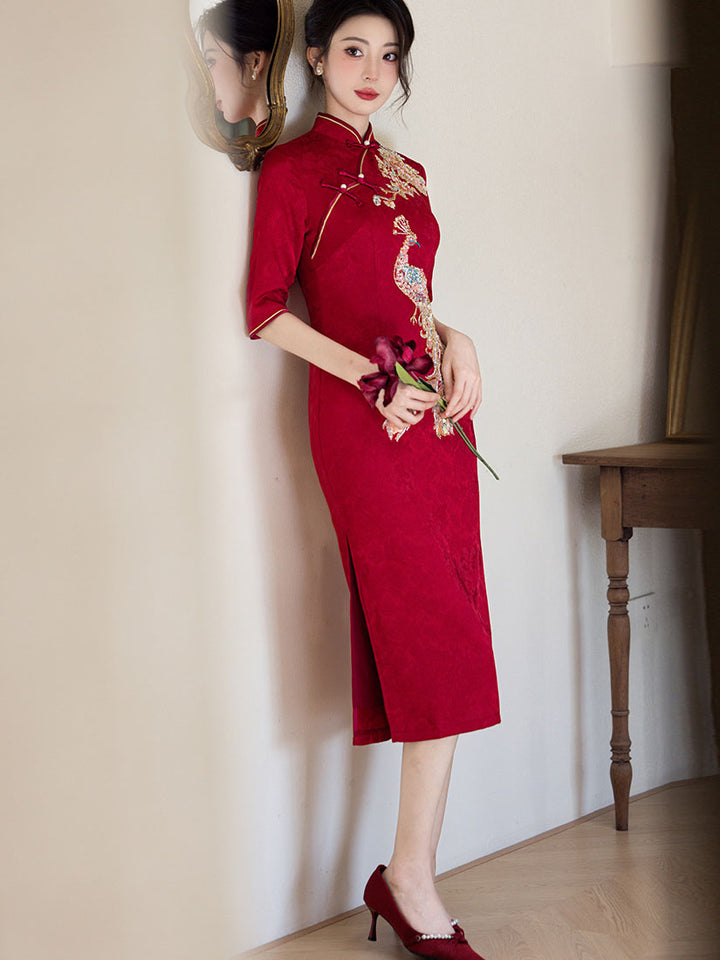 Red Sequins Phoenix Wedding Bridal Midi Cheongsam Qipao Dress