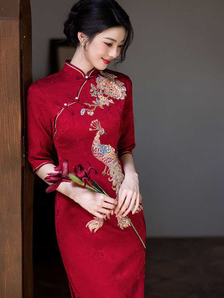 Red Sequins Phoenix Wedding Bridal Midi Cheongsam Qipao Dress