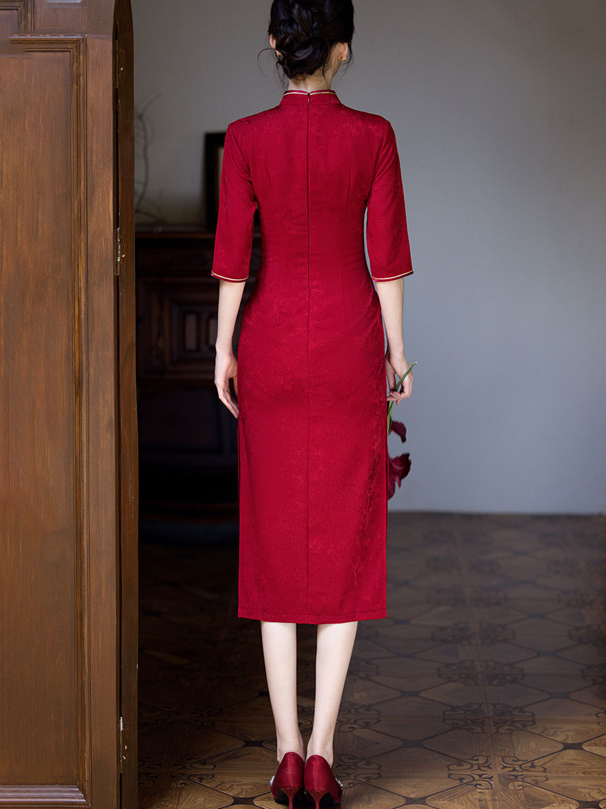 Red Sequins Phoenix Wedding Bridal Midi Cheongsam Qipao Dress