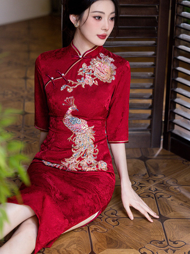 Red Sequins Phoenix Wedding Bridal Midi Cheongsam Qipao Dress