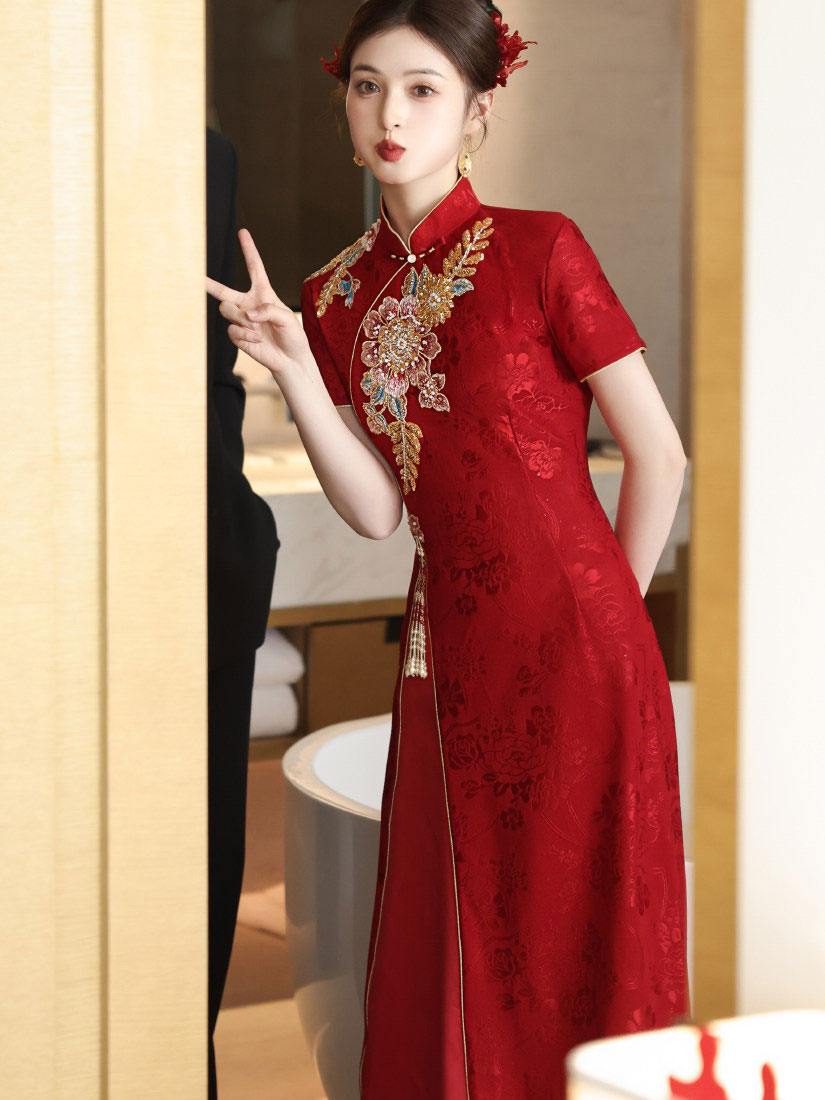 Red Embroidered A-Line Wedding Bridal Cheongsam Qipao Dress