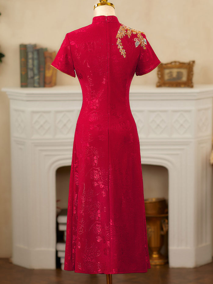Red Embroidered A-Line Wedding Bridal Cheongsam Qipao Dress