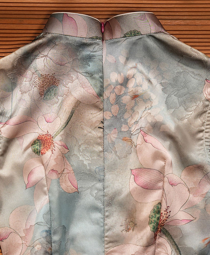 Lotus Print Cheongsam Qipao Dress