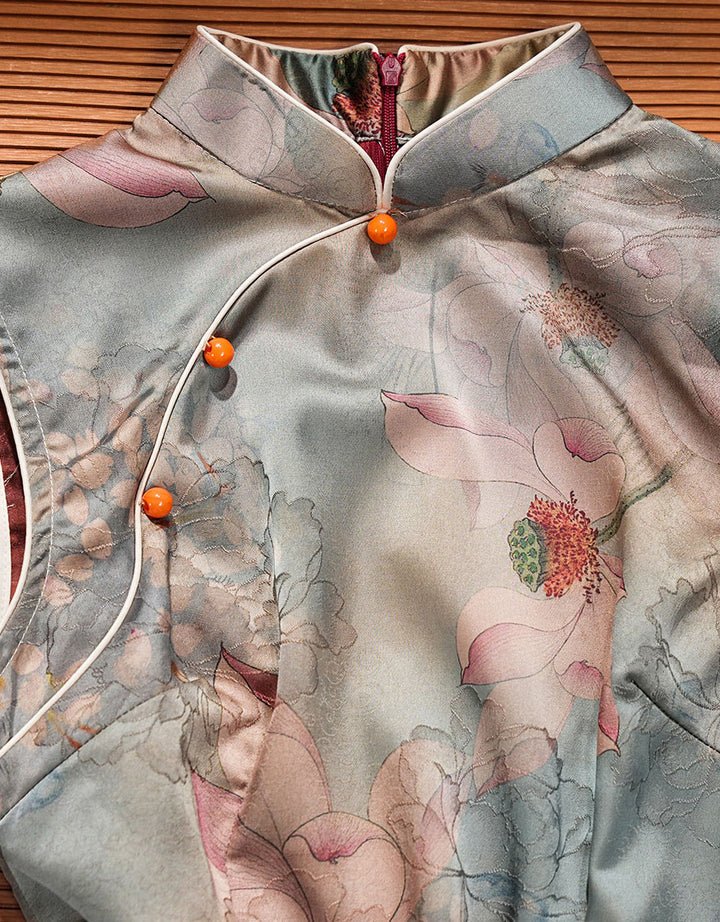 Lotus Print Cheongsam Qipao Dress