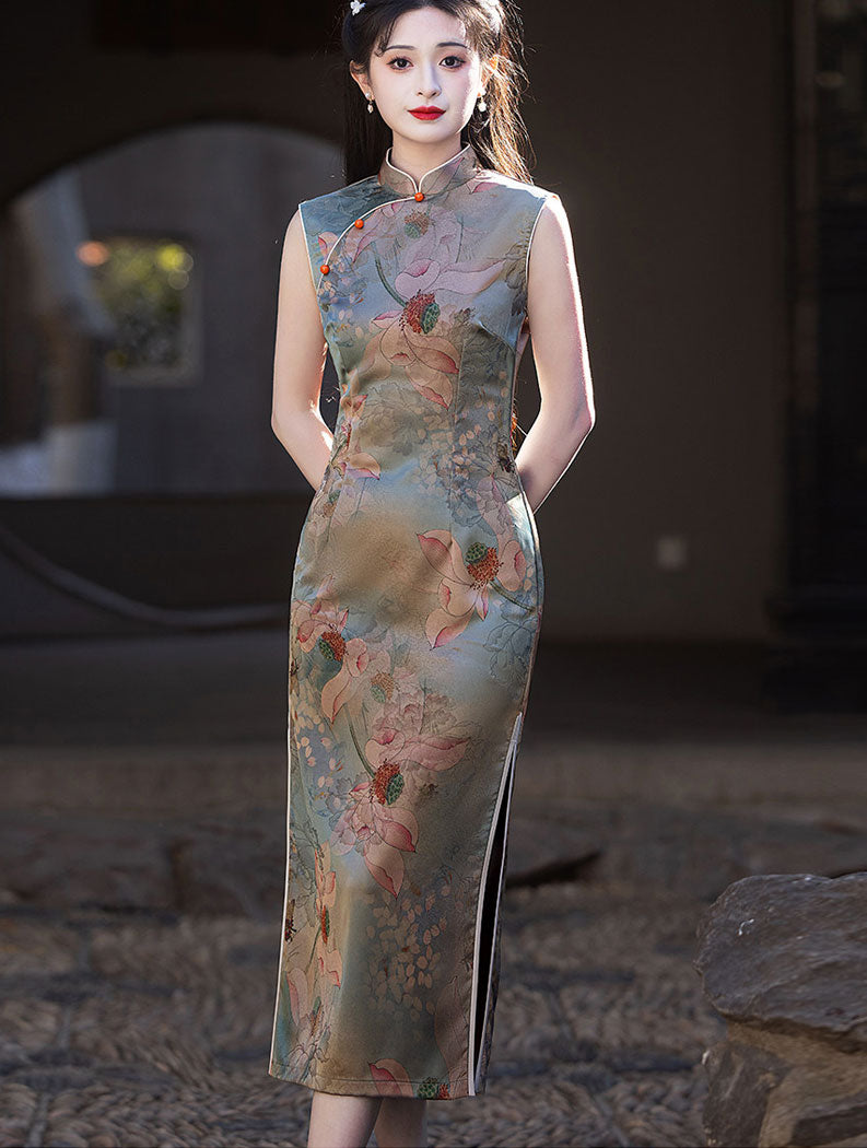Lotus Print Cheongsam Qipao Dress