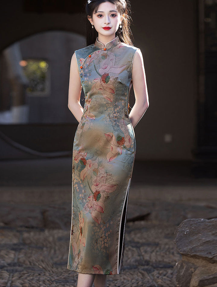 Lotus Print Cheongsam Qipao Dress