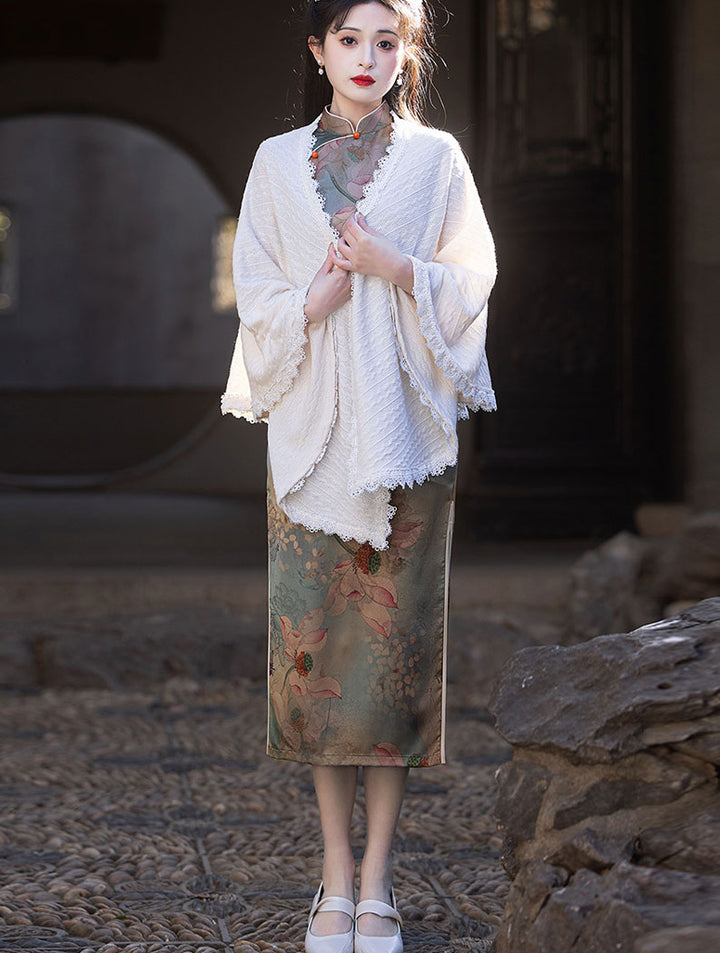 Lotus Print Cheongsam Qipao Dress