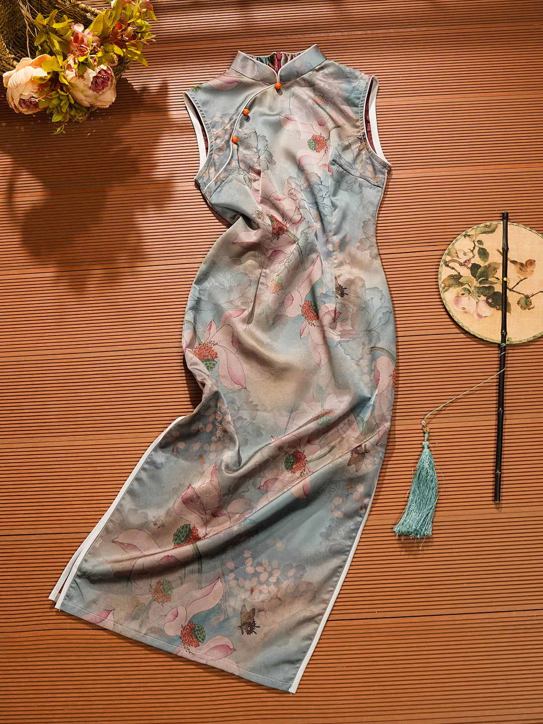 Lotus Print Cheongsam Qipao Dress