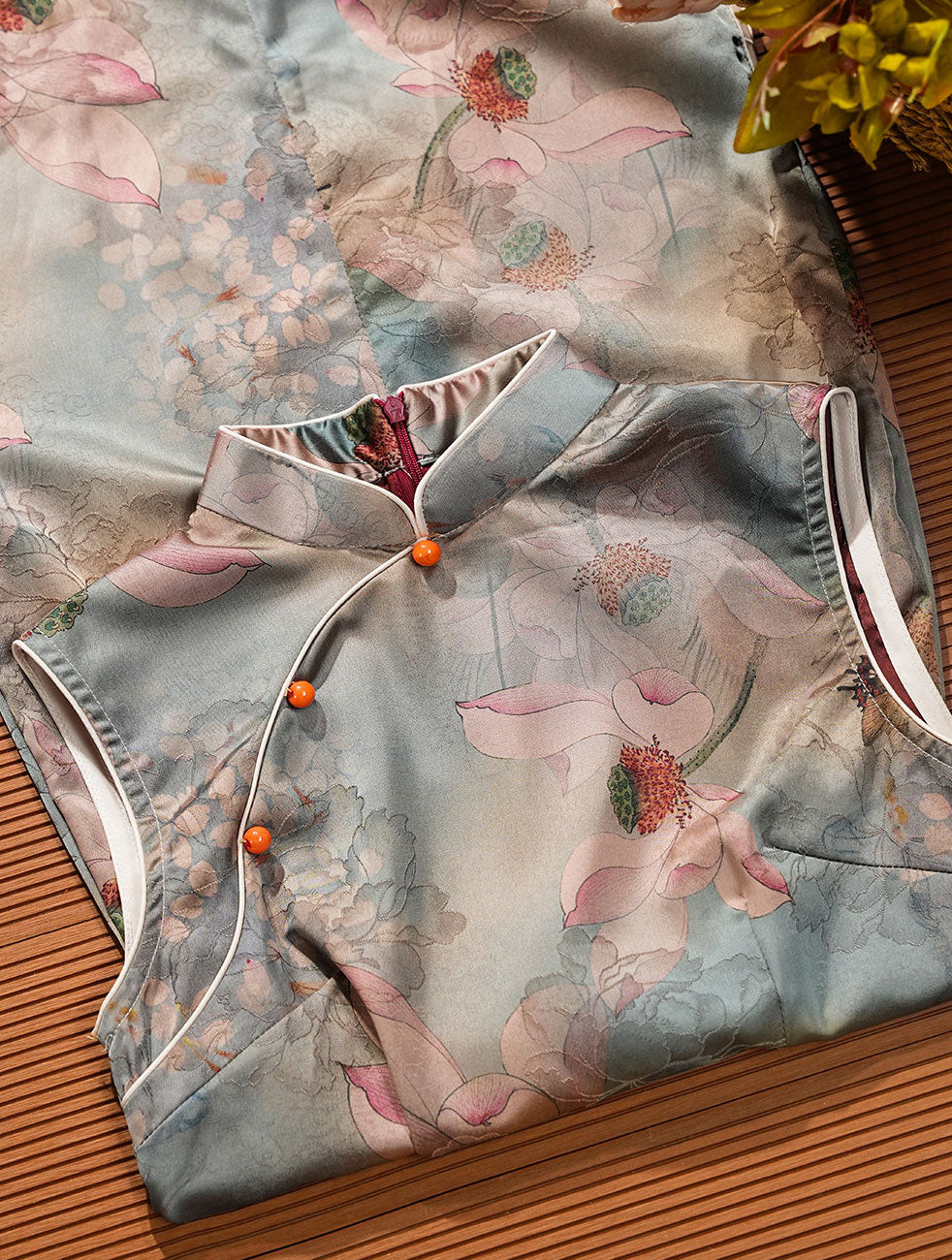 Lotus Print Cheongsam Qipao Dress