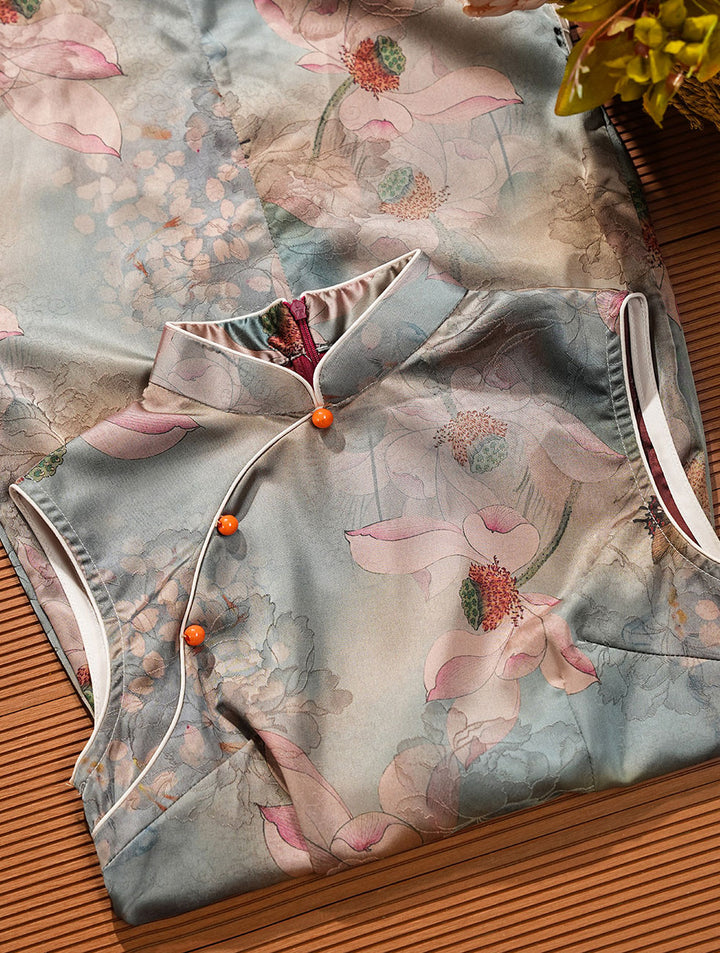 Lotus Print Cheongsam Qipao Dress