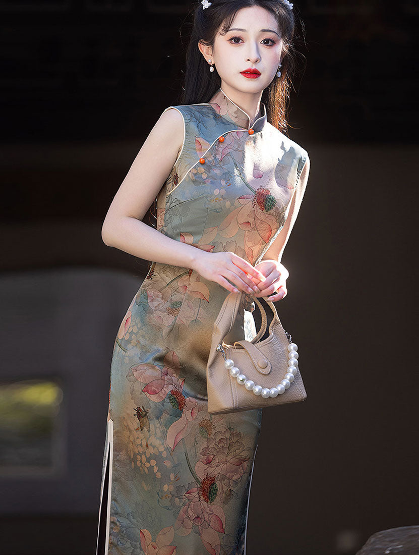 Lotus Print Cheongsam Qipao Dress