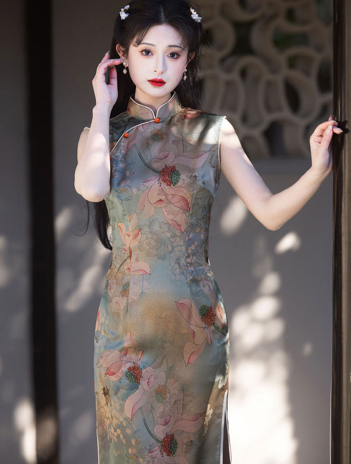 Lotus Print Cheongsam Qipao Dress