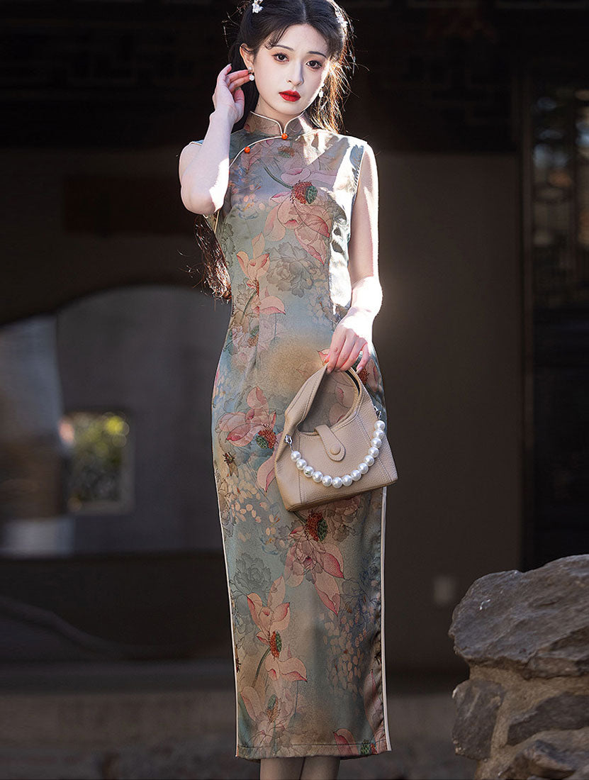 Lotus Print Cheongsam Qipao Dress