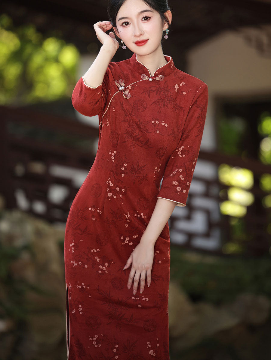 Winter Floral Print Suede Cheongsam Qipao Dress